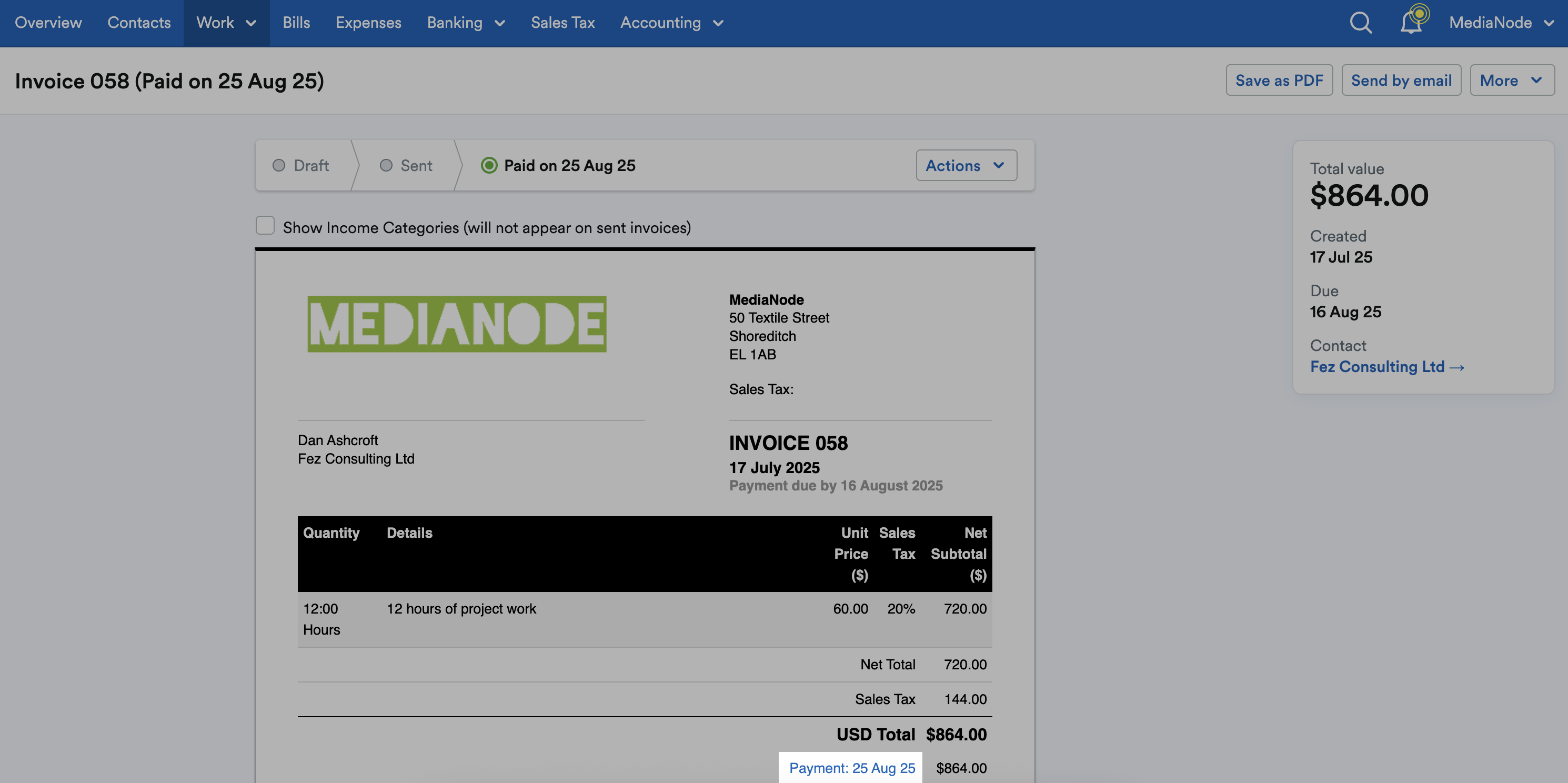 Payment link highlighted on invoice next to the invoice total.