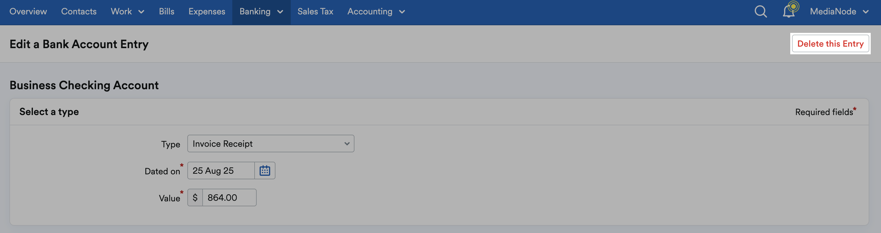 ‘Delete this Entry’ button highlighted on Edit a Bank Account Entry page.