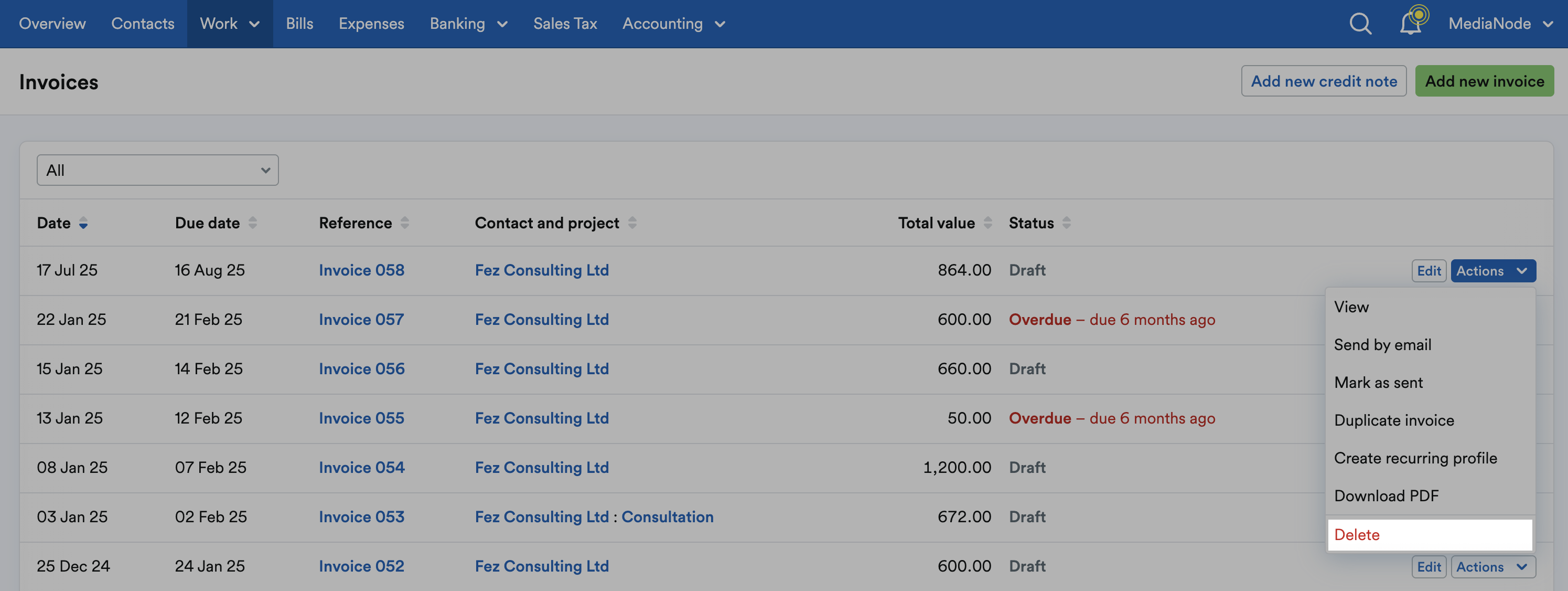 ‘Delete’ highlighted on ‘Actions’ drop down menu.