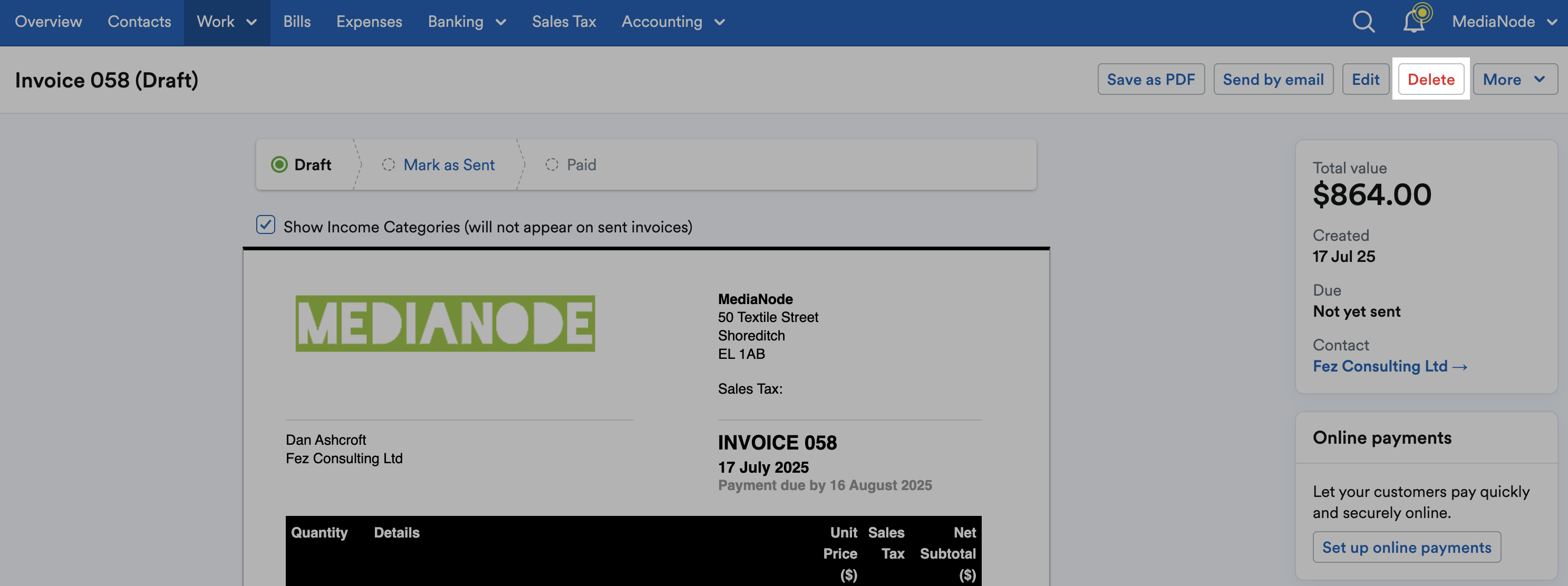 ‘Delete’ button highlighted above the invoice.
