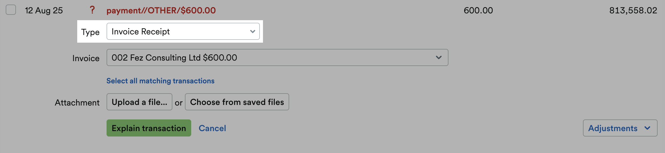 ‘Invoice Receipt’ selected from ‘Type’ drop down menu.