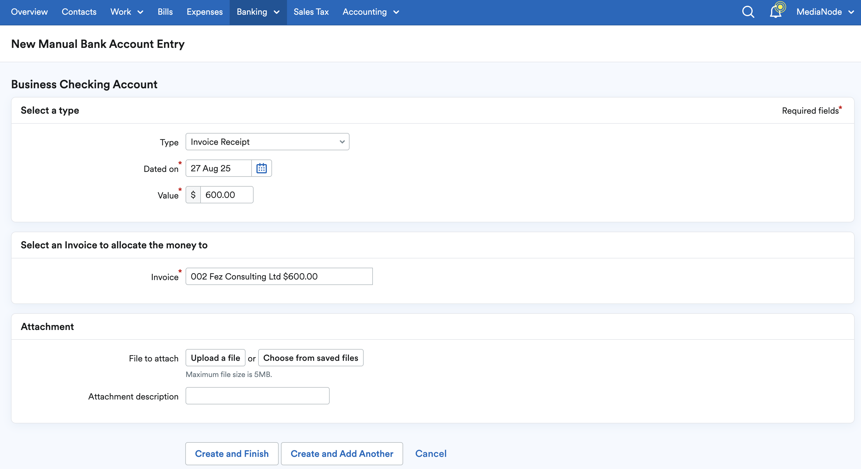 New Manual Bank Account Entry page.