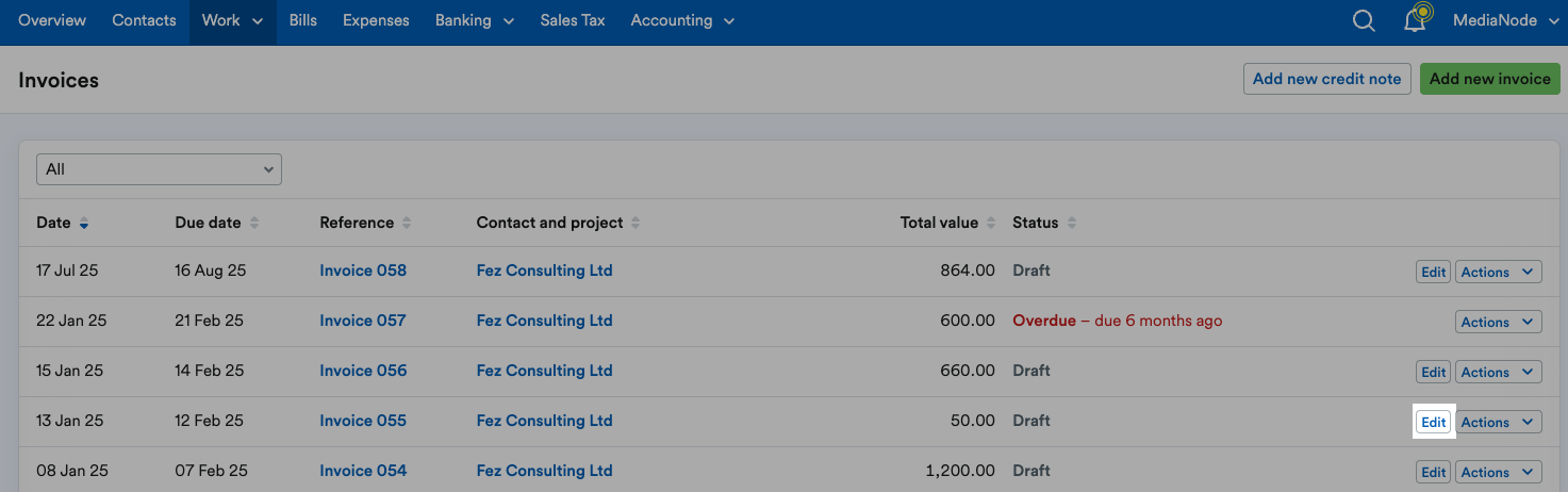 ‘Edit’ button highlighted next to invoice.