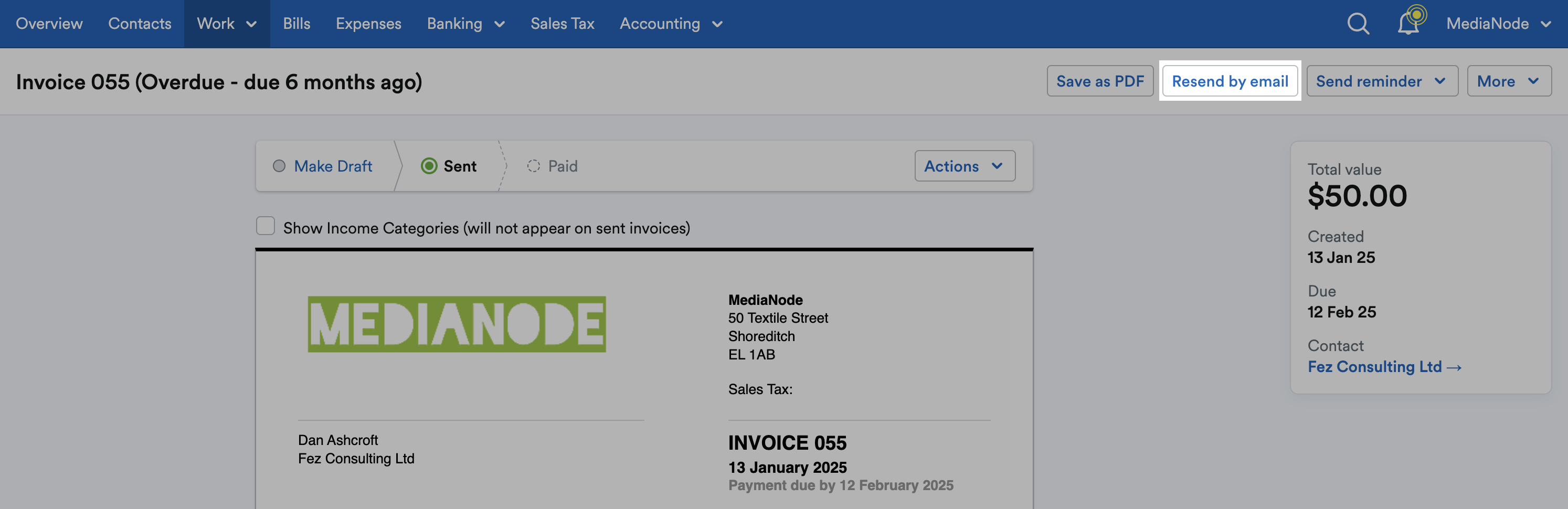 ‘Resend by email’ button highlighted above the invoice.