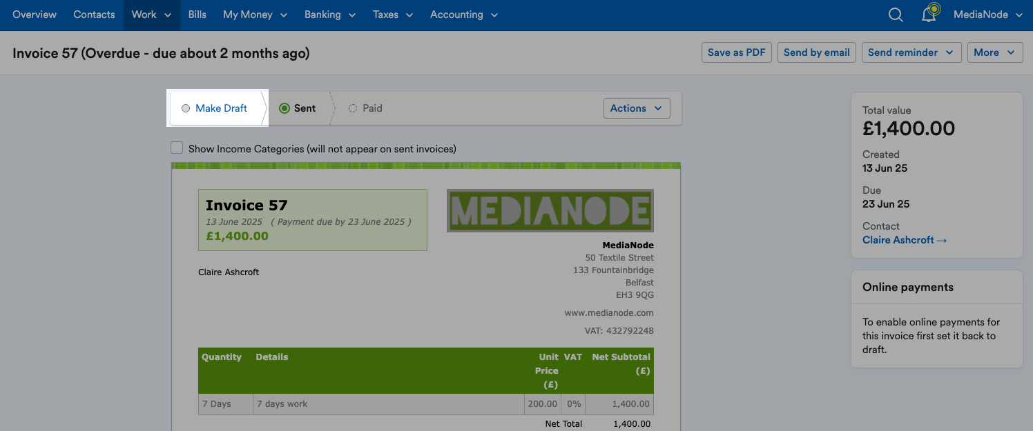 ‘Make Draft’ highlighted above the invoice.
