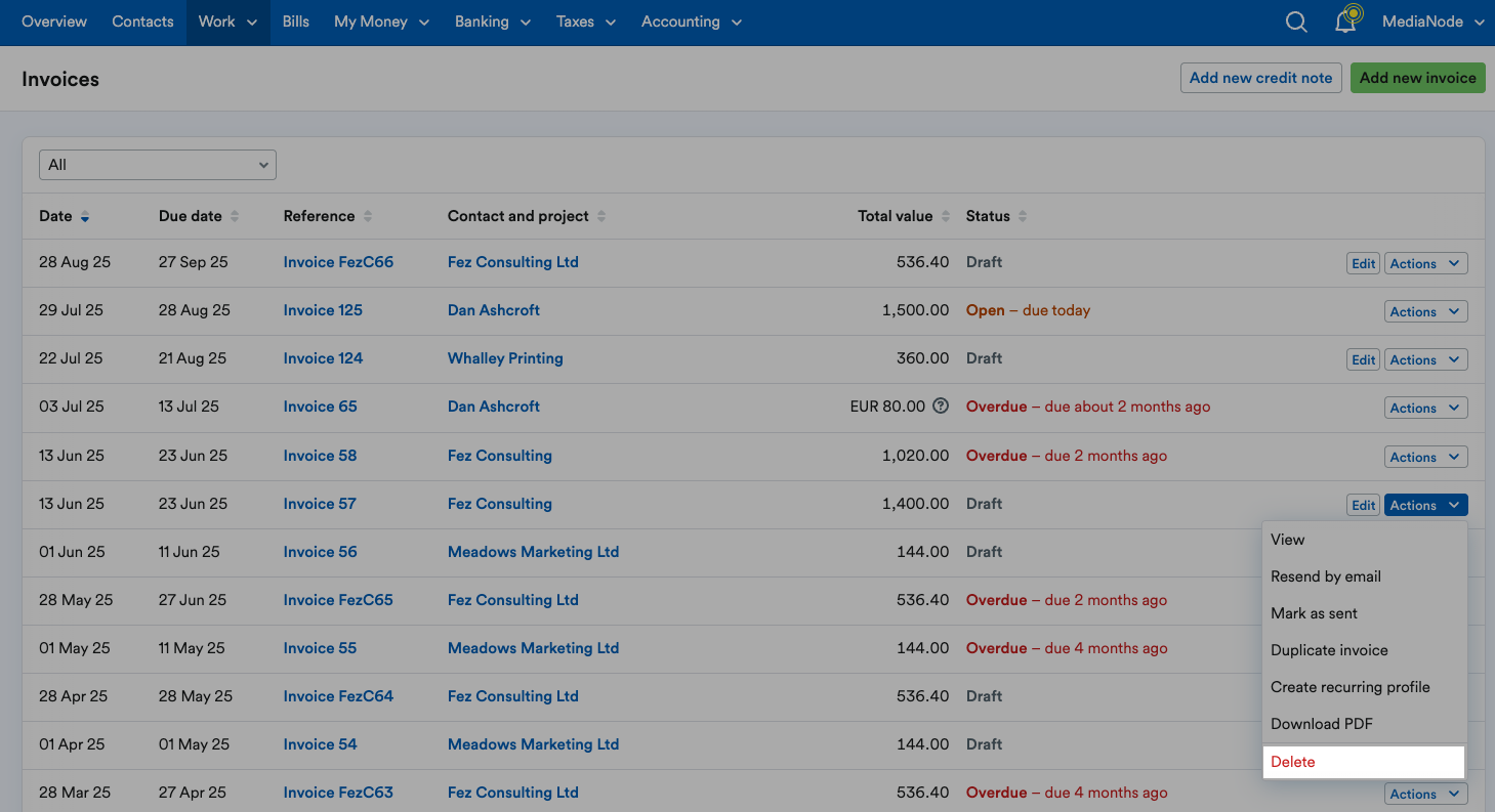 ‘Delete’ highlighted on ‘Actions’ drop down menu.