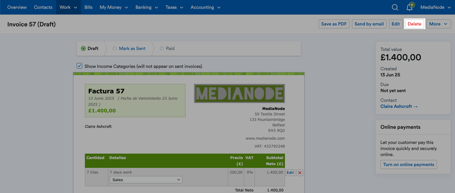 ‘Delete’ highlighted on ‘Actions’ drop down menu.