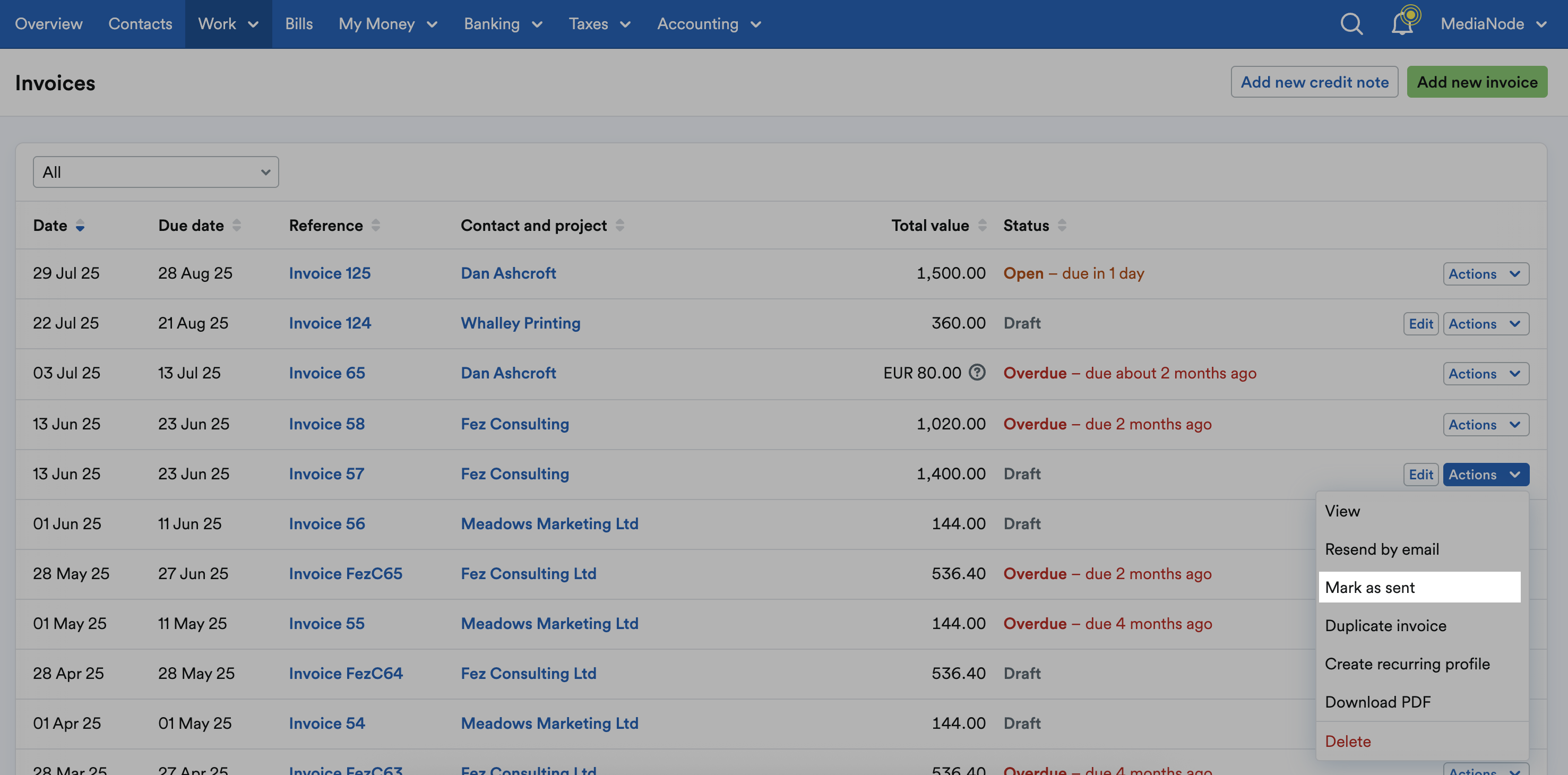 ‘Mark as sent’ highlighted on ‘Actions’ drop down menu.