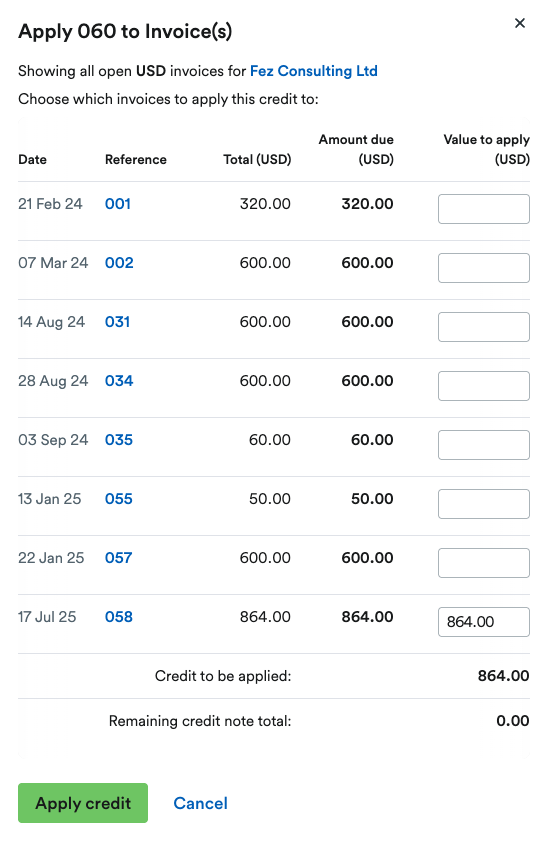 Pop up window to apply credit to invoices.
