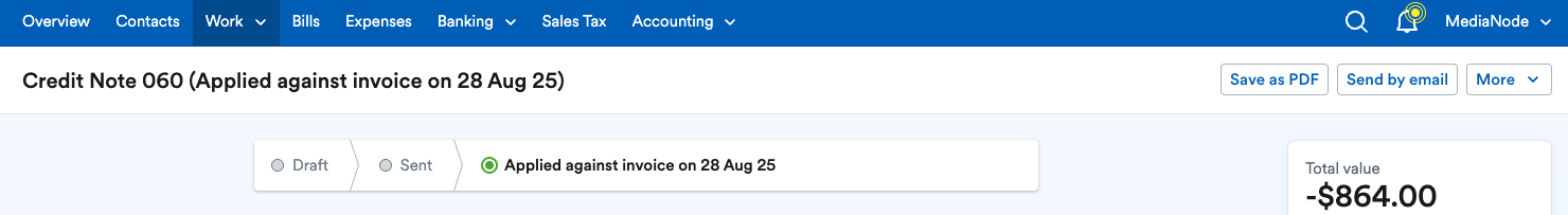 Credit note showing as ‘Applied against invoice’.