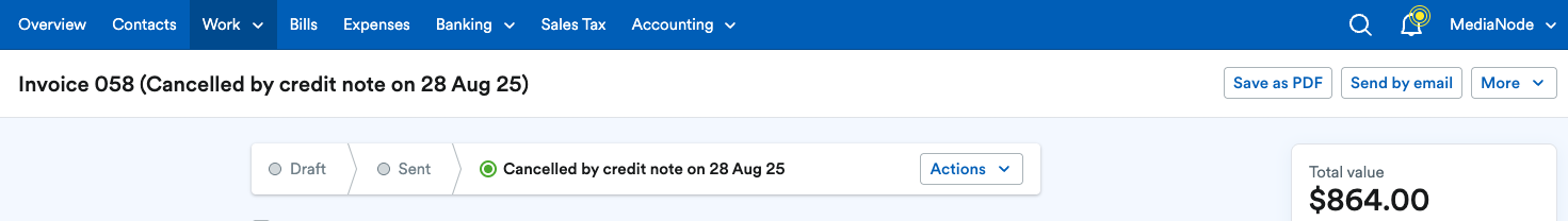 Invoice showing as ‘Cancelled by credit note’.