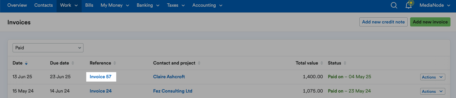 Paid invoice highlighted on list of invoices.