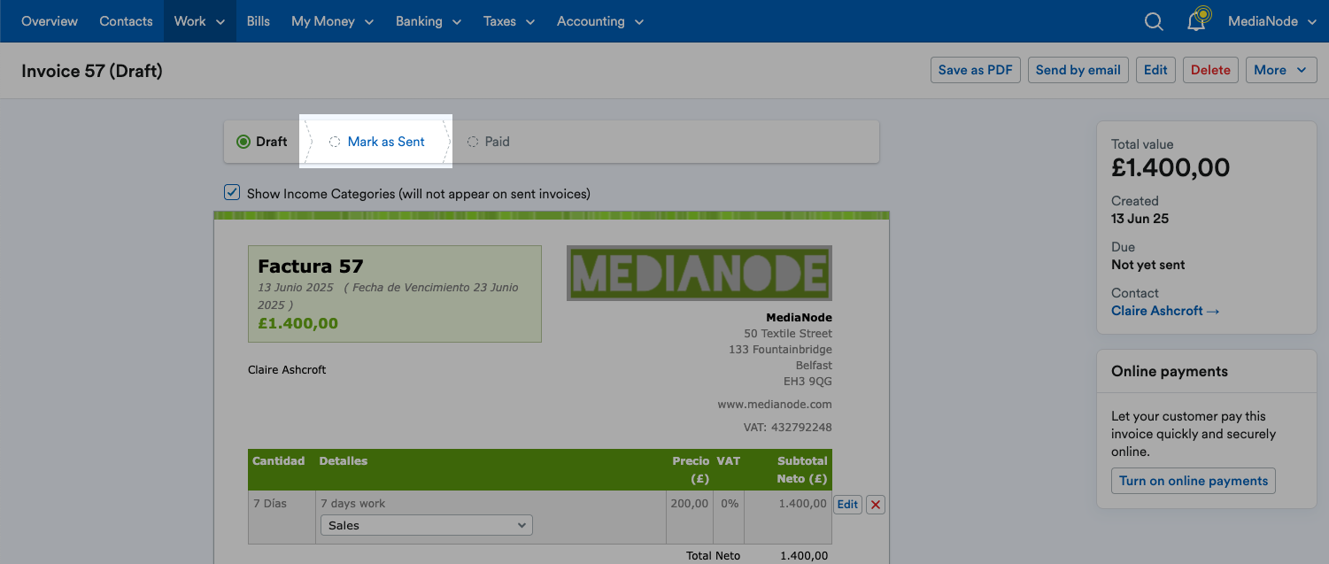 ‘Mark as Sent’ highlighted above the invoice.