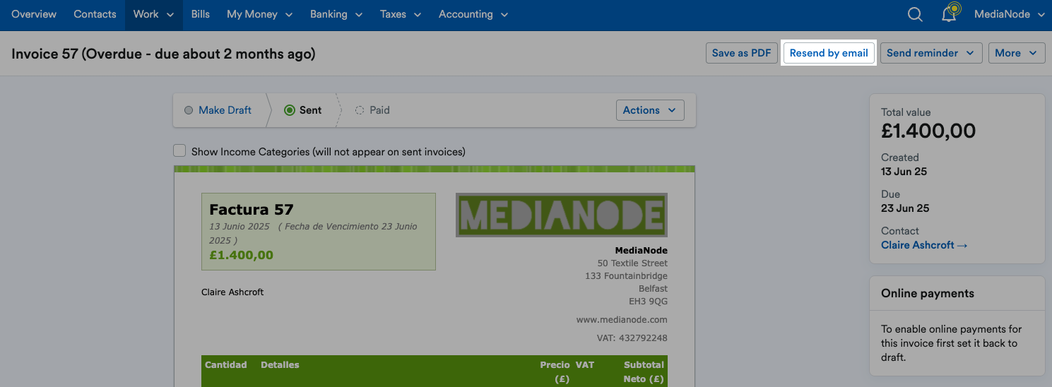 ‘Resend by email’ button highlighted above the invoice.