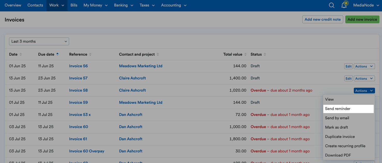 ‘Send reminder’ highlighted on ‘Actions’ drop down menu.