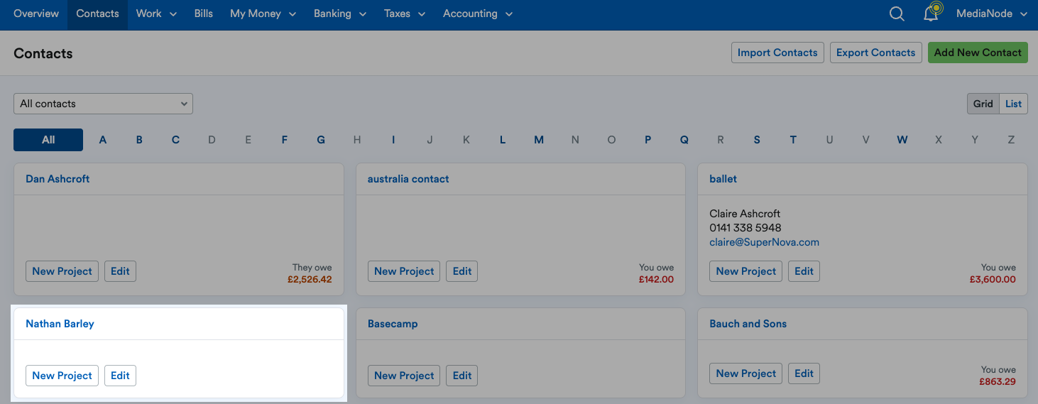 Contact highlighted on Contacts page with no amount displayed as owing or owed.