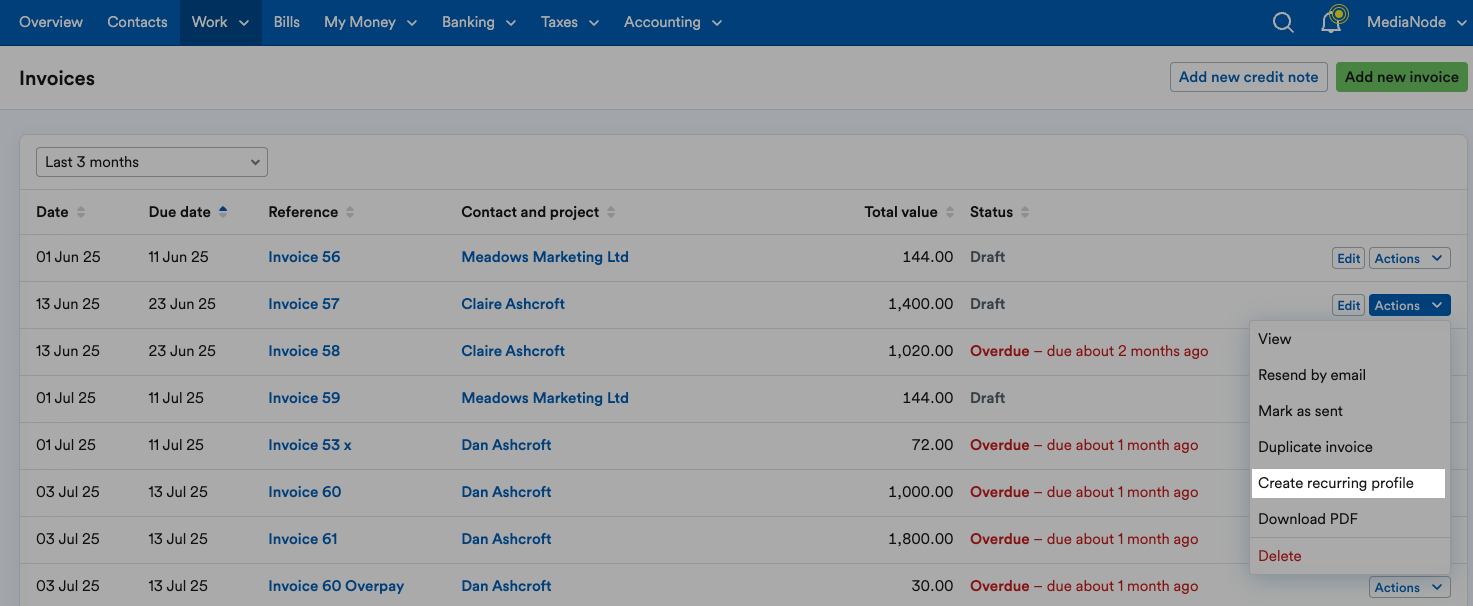 ‘Create recurring profile’ highlighted on ‘Actions’ drop down menu.