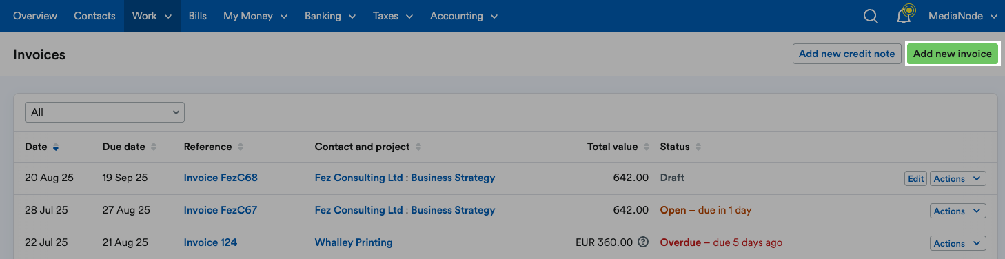‘Add new invoice’ button highlighted at top of Invoices page.