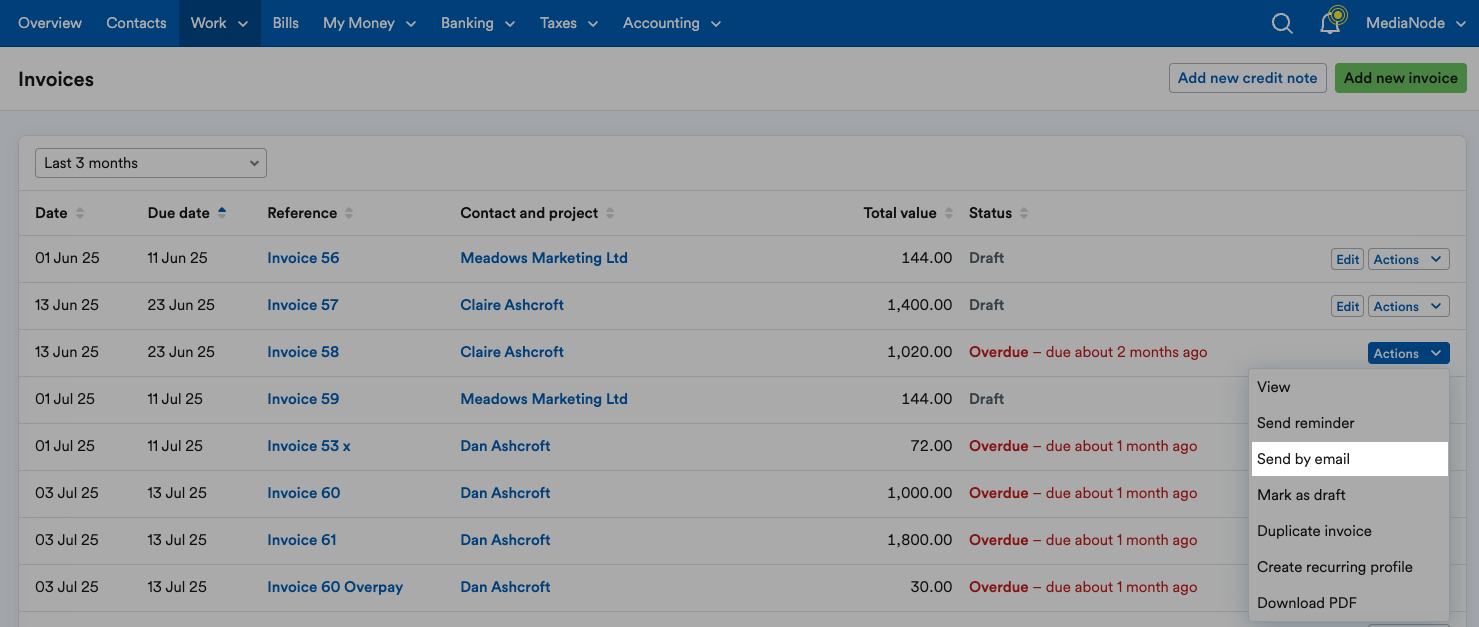 ‘Send by email’ highlighted on ‘Actions’ drop down menu.
