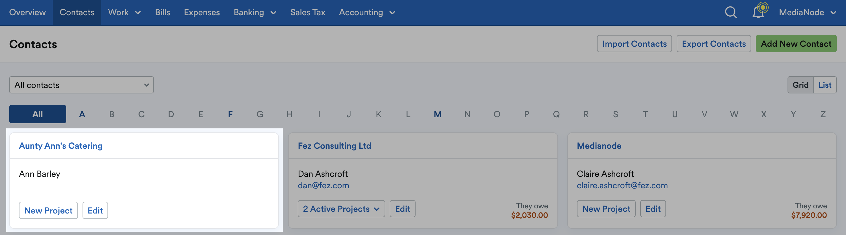 Contact showing as owing and owed nothing.