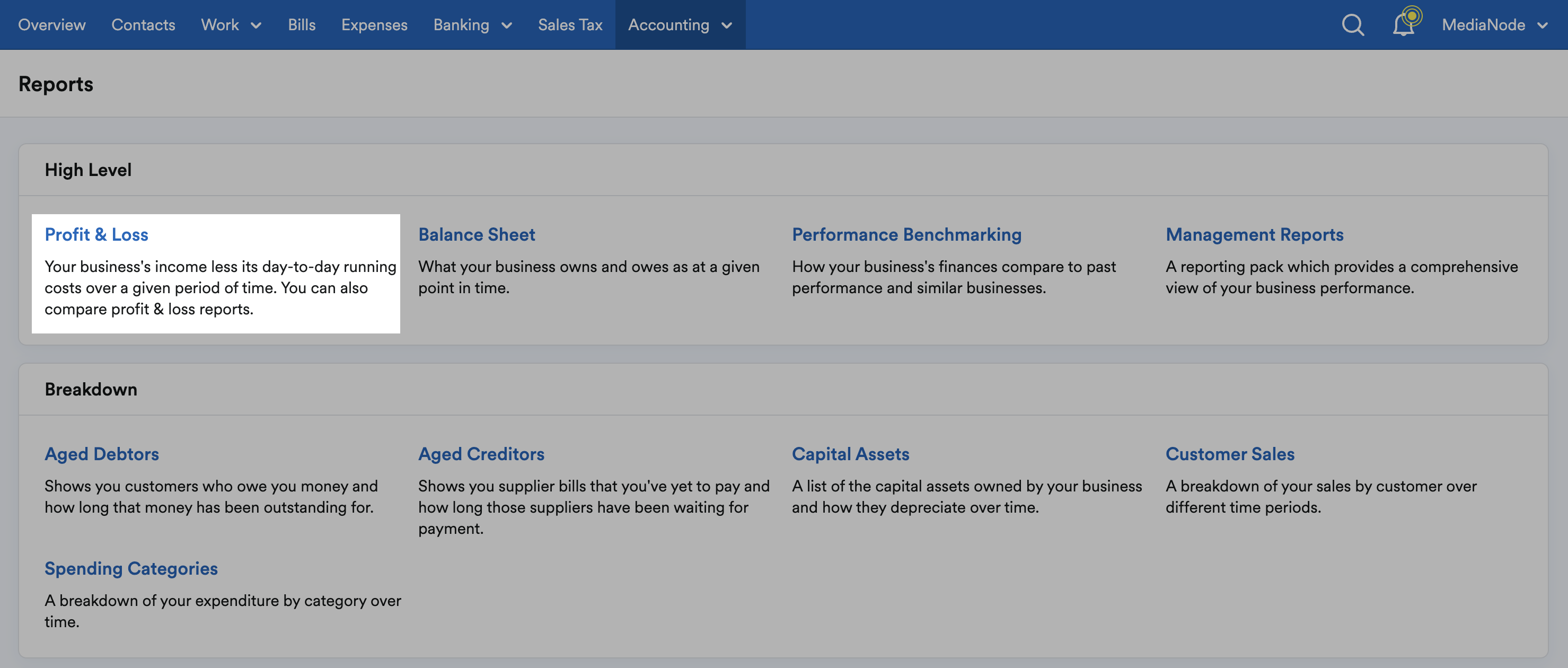 ‘Profit and Loss’ highlighted under ‘High Level’ section of Reports page.