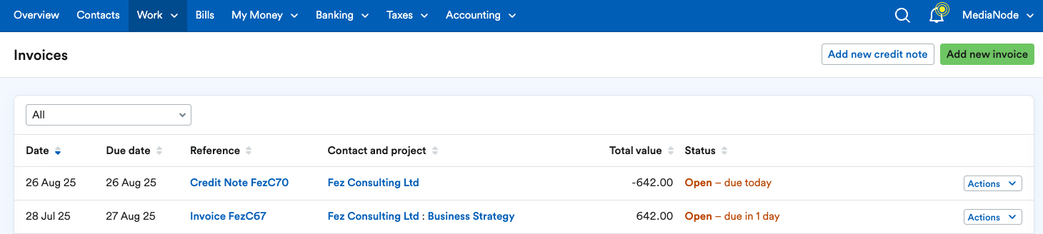 Credit note and invoice created with matching values.