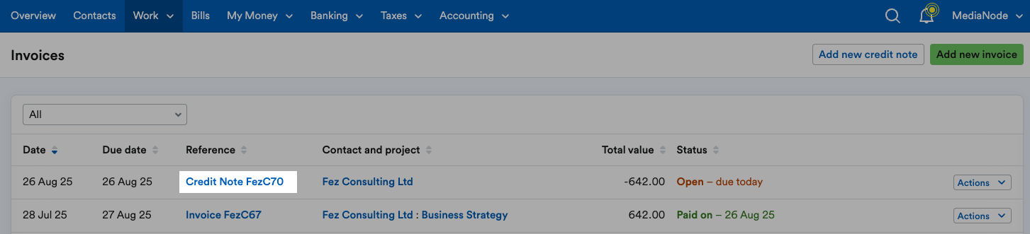 Credit note highlighted on list of invoices.