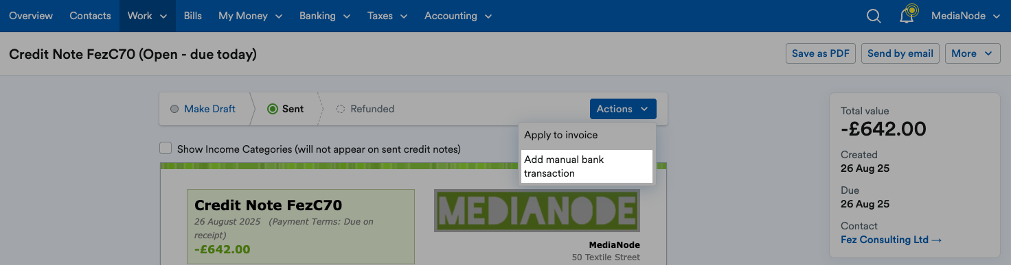 ‘Add manual bank transaction’ highlighted on ‘Actions’ drop down menu.