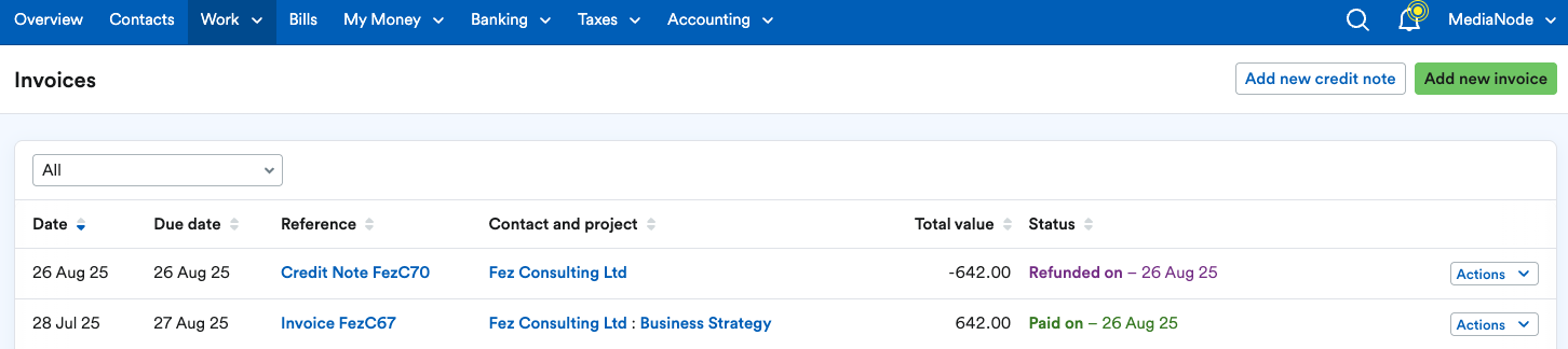 Invoice showing as paid and credit note showing as refunded.