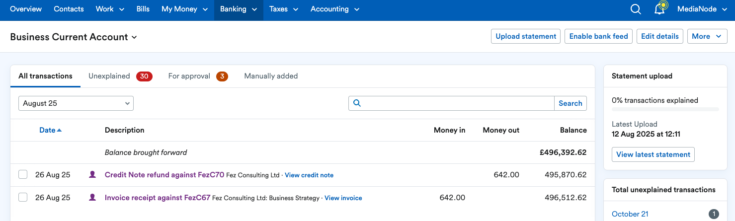 Dummy receipt and dummy payment showing as transactions on bank account page.