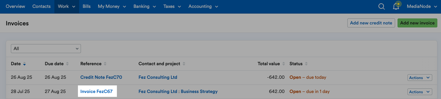 Invoice highlighted on list of invoices