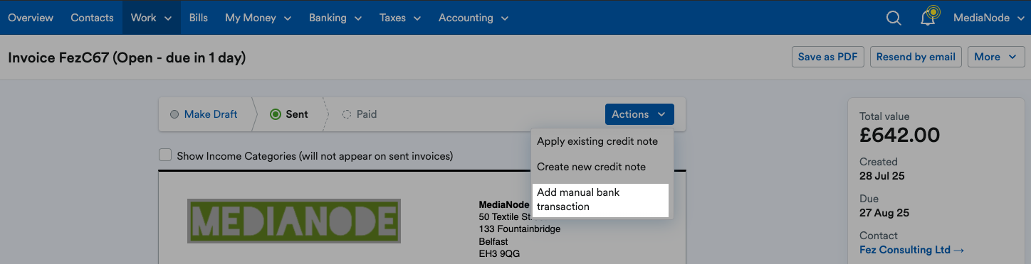 ‘Add manual bank transaction’ highlighted on ‘Actions’ drop down menu.
