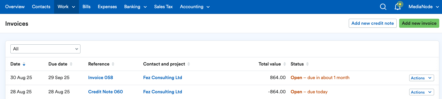 Credit note and invoice listed showing equal value.