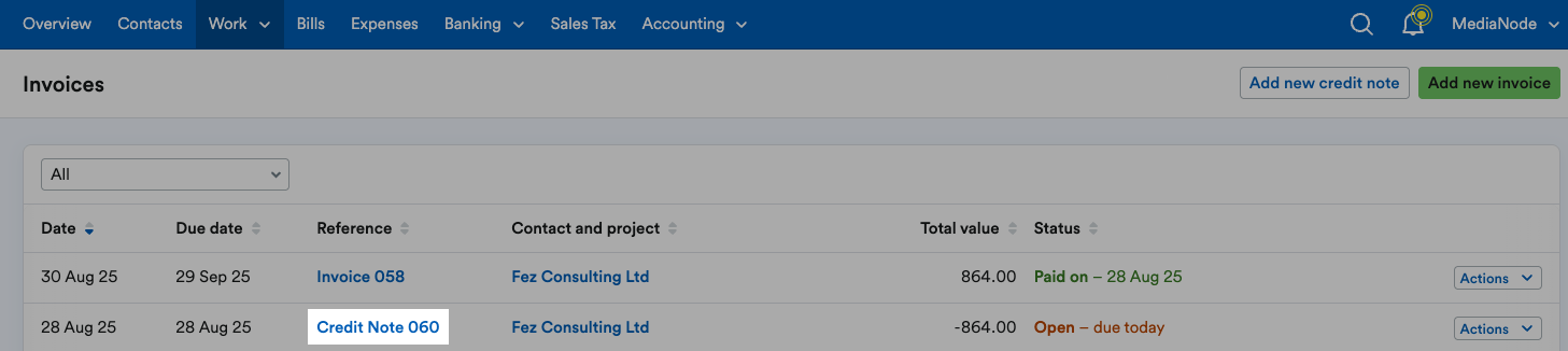 Credit note reference highlighted on list of invoices.