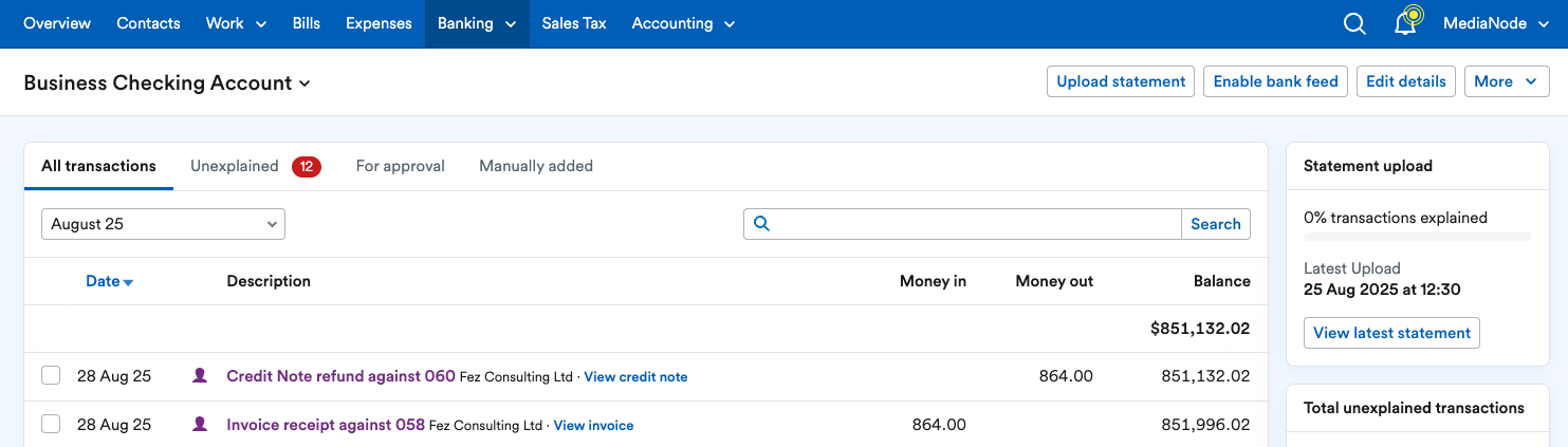 Bank transactions listed for credit note and invoice cancelling each other out.