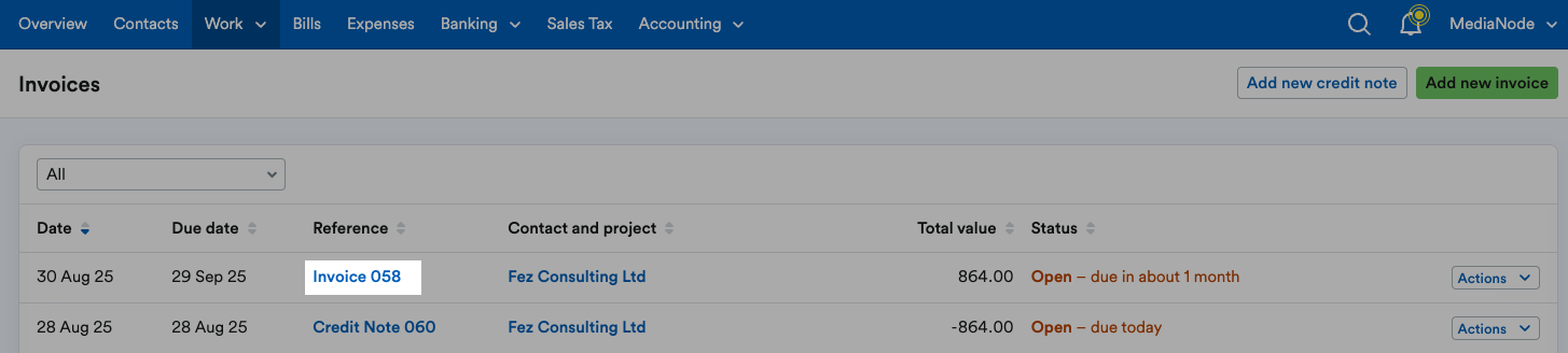 Invoice reference highlighted in list of invoices.