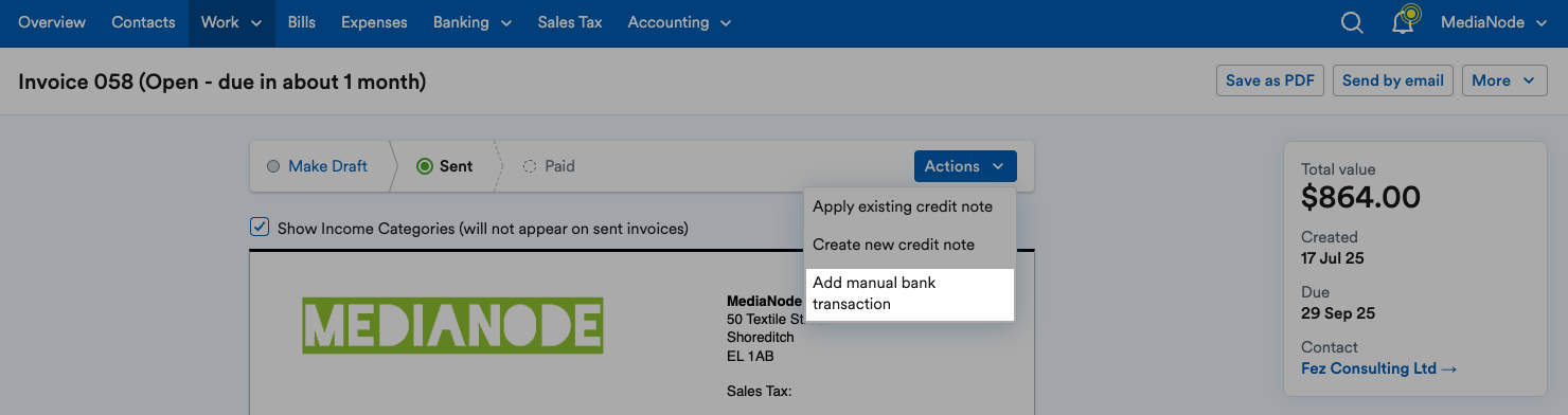 ‘Add manual bank transaction’ highlighted on ‘Actions’ drop down menu.