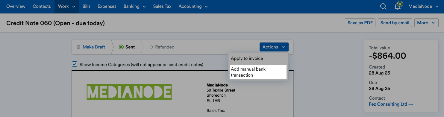 ‘Add manual bank transaction’ highlighted on ‘Actions’ drop down menu.
