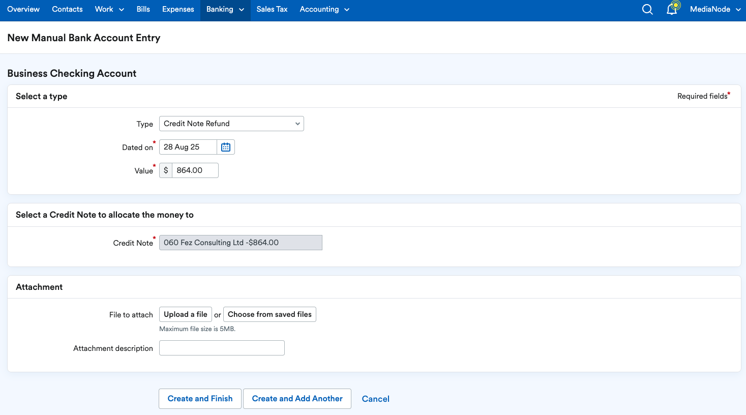 New Manual Bank Account Entry page.