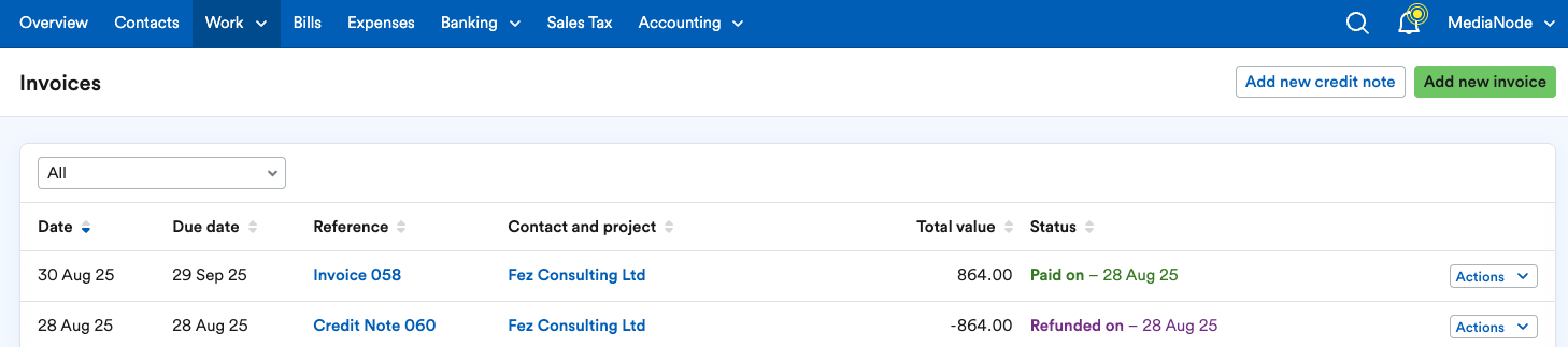 Credit note and invoice both showing as settled.