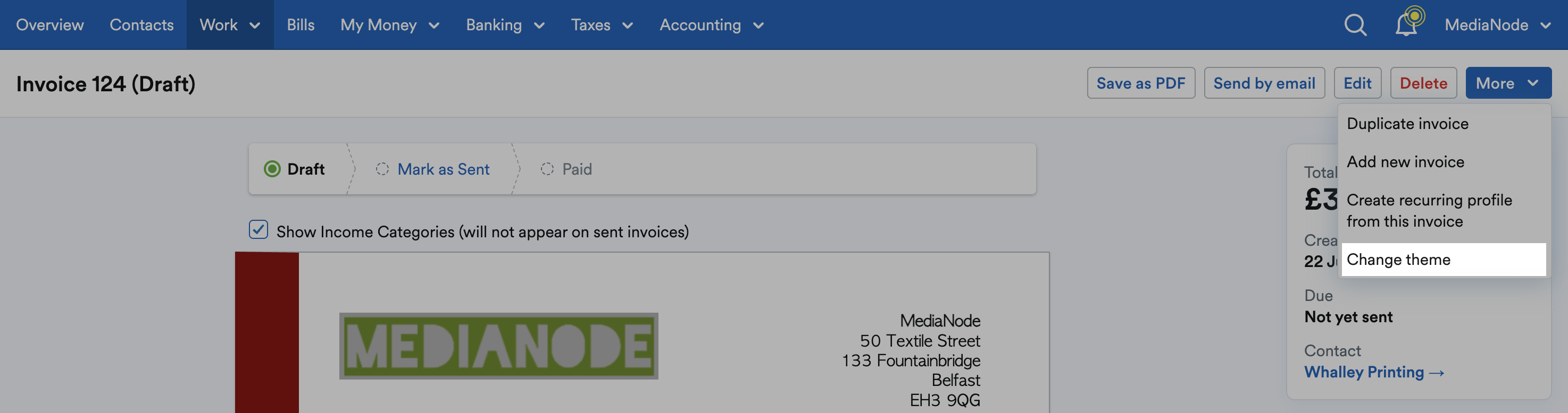 ‘Change theme’ highlighted on ‘More’ drop down menu.