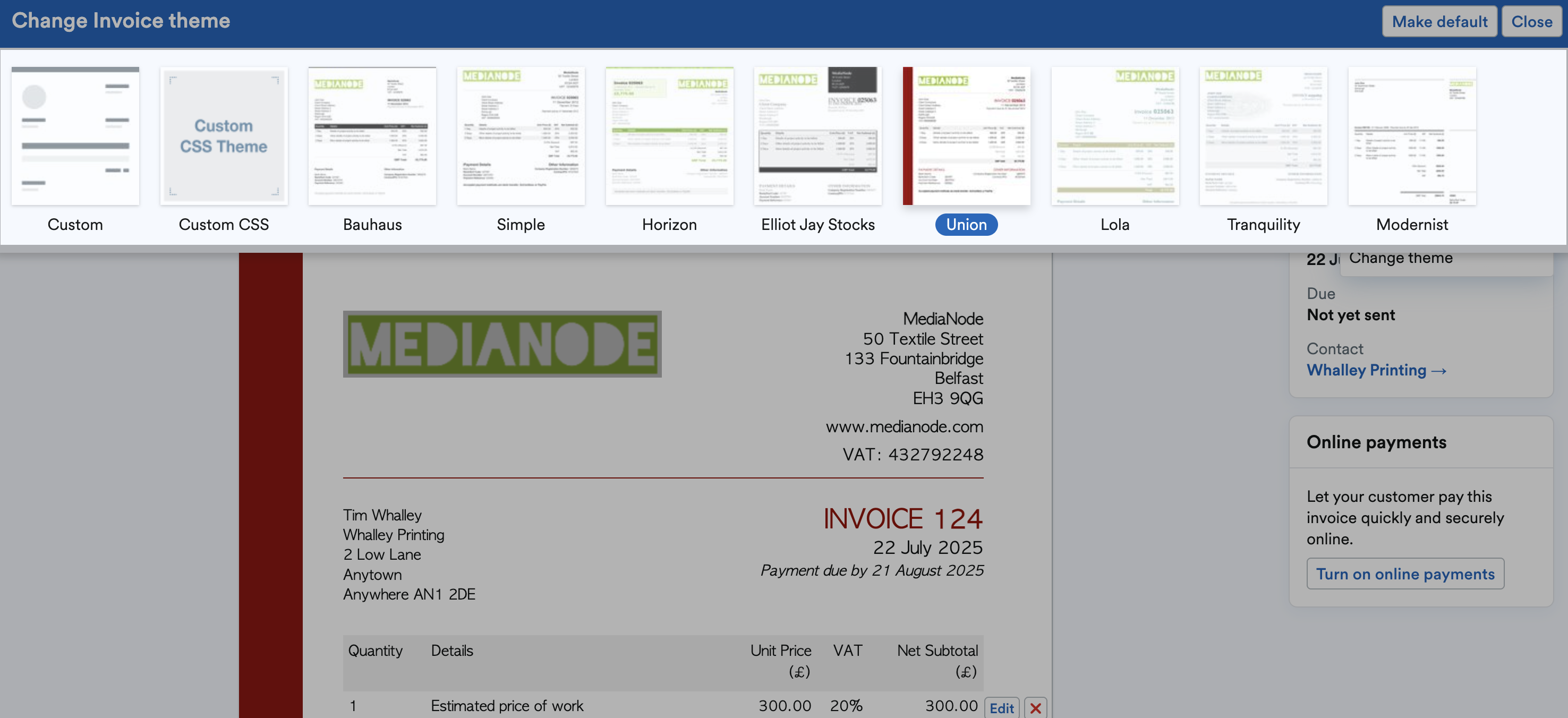 List of themes highlighted in Change Invoice theme bar.