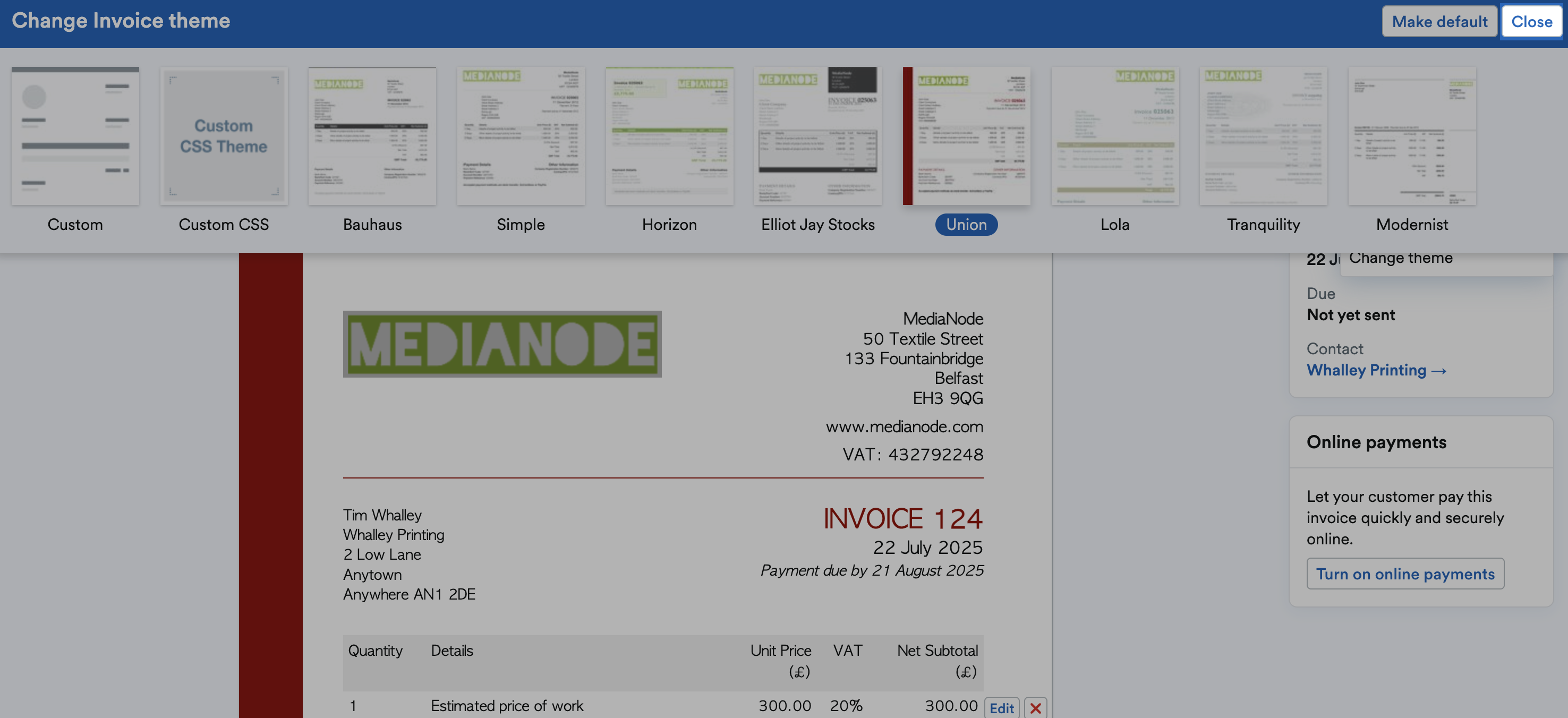 ‘Close’ button highlighted at top of Change Invoice theme bar.