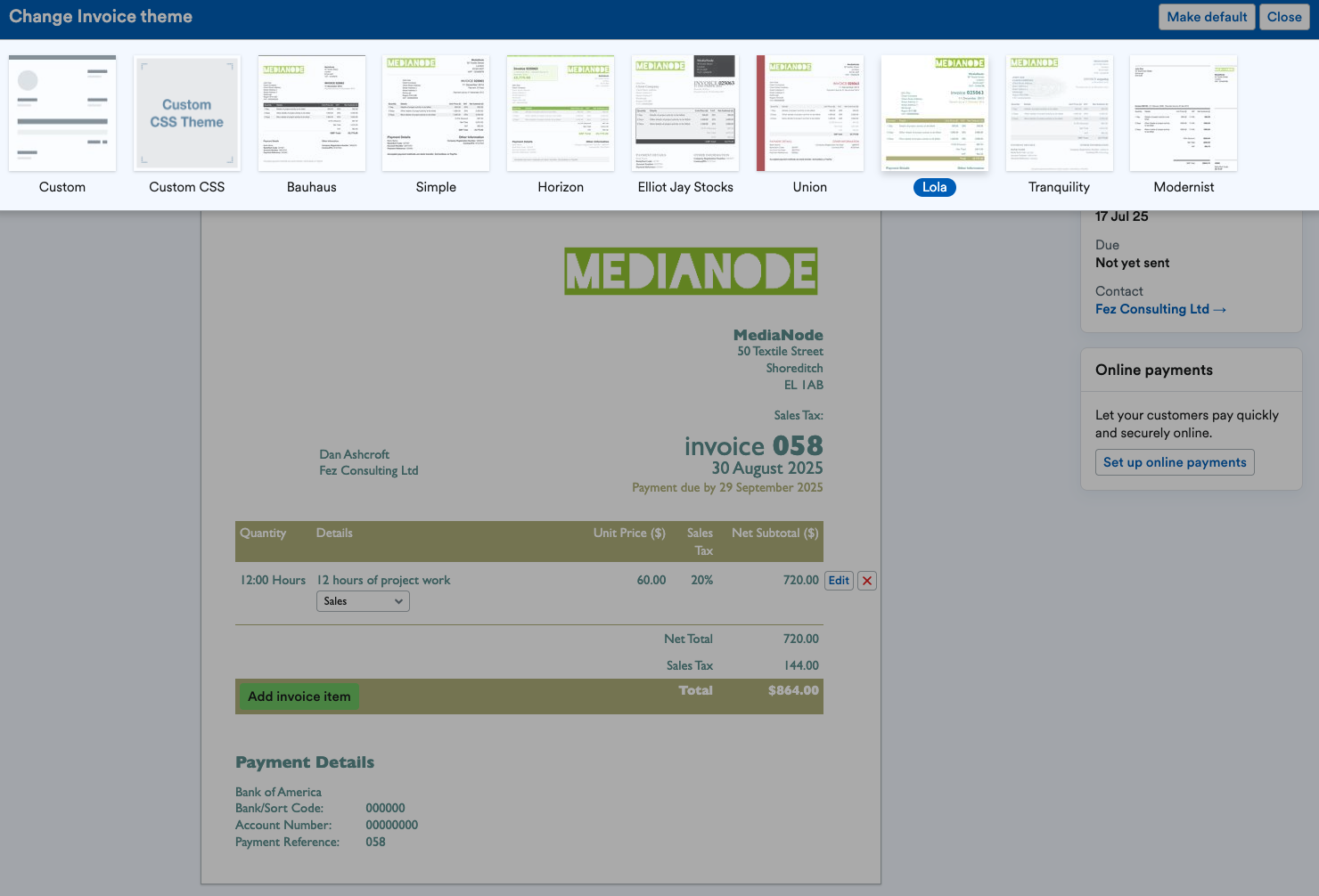 List of invoice themes to choose from on Change Invoice theme bar.
