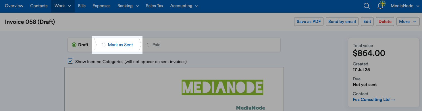 ‘Mark as Sent’ highlighted above the invoice.