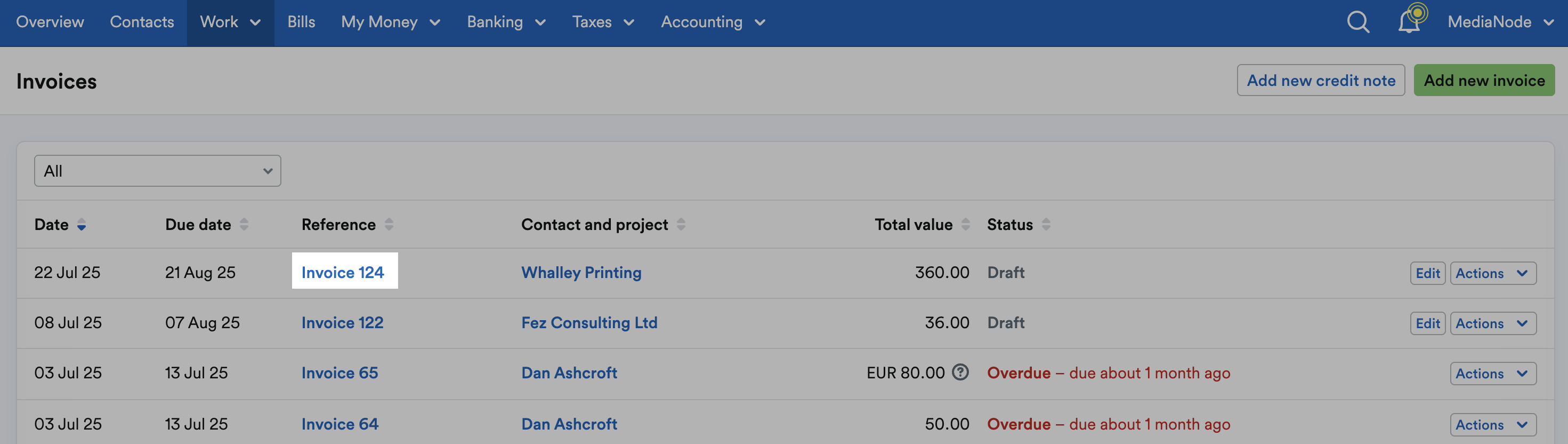 Invoice highlighted on list of invoices.
