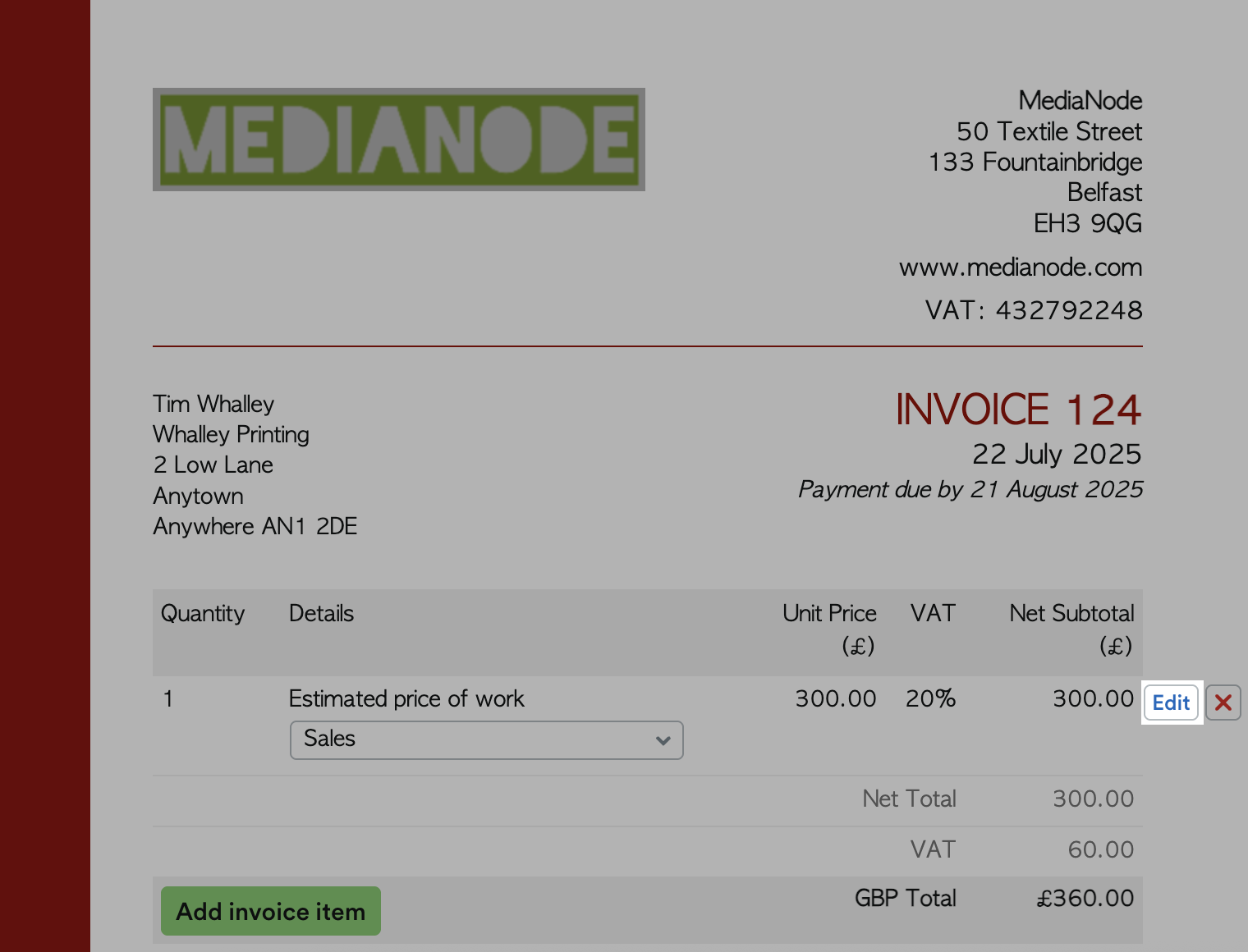 ‘Edit’ button highlighted next to invoice line item.
