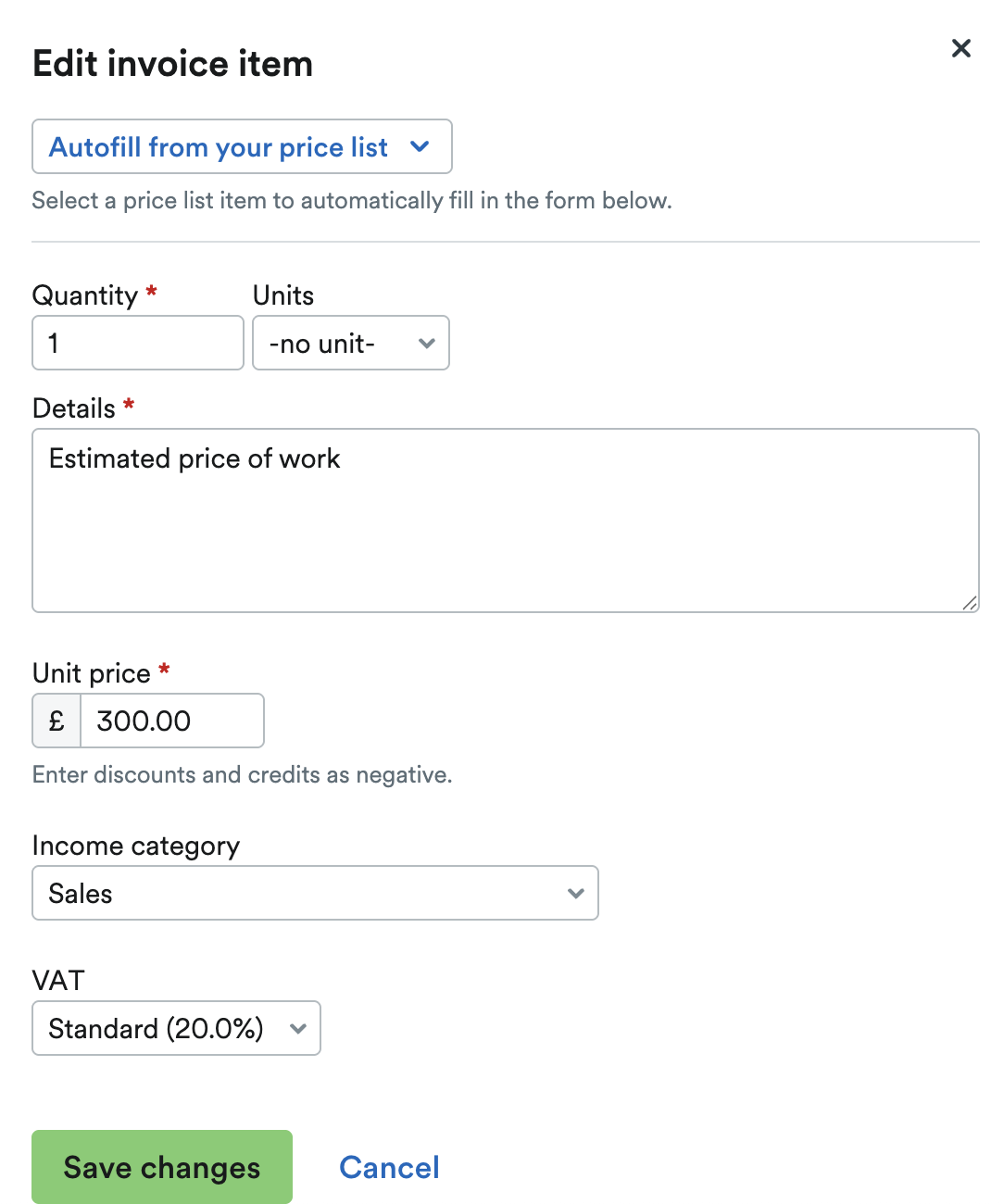 Edit invoice item pop up window.