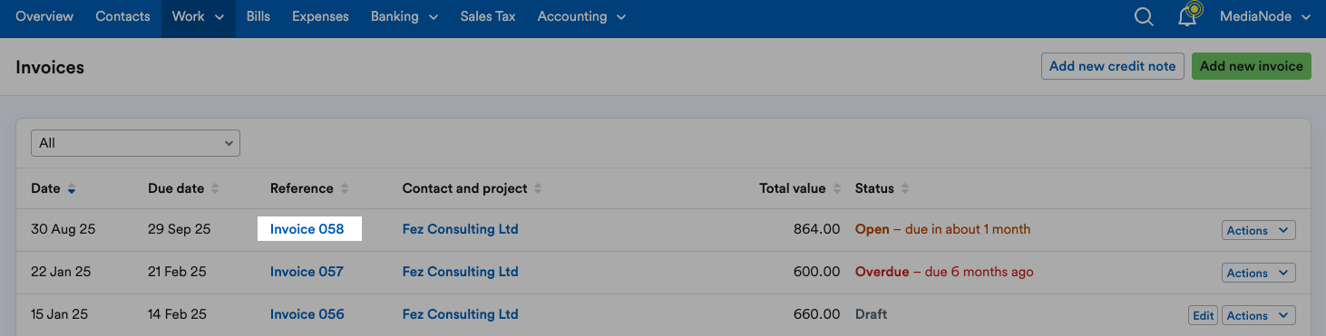 Invoice highlighted on list of invoices.