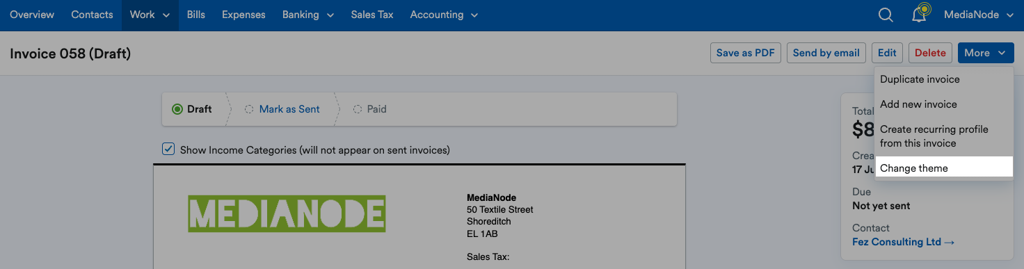 ‘Change theme’ highlighted on ‘More’ drop down menu.